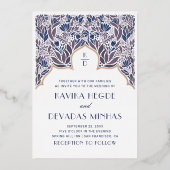 Paarse blauwe bloem. Gouden Indiaanse bruinhoutbru Folie Uitnodiging (Voorkant)