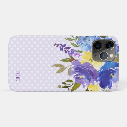 Paarse Blauwe Bloem Polka Dot Monogram Case-Mate iPhone Case (Achterkant (horizontaal))