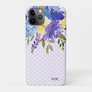 Paarse Blauwe Bloem Polka Dot Monogram Case-Mate iPhone Case