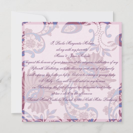 Paarse & Blauwe Bloem Quinceañera Uitnodigen Kaart (Achterkant)