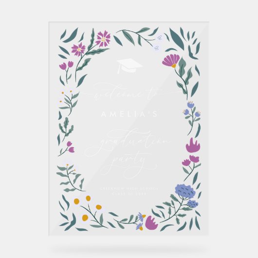 Paarse Blauwe Bloemen Afstuderen Party Sign Acryl Bord (Voorkant)