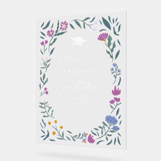 Paarse Blauwe Bloemen Afstuderen Party Sign Acryl Bord (Hoek)