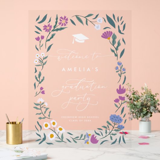 Paarse Blauwe Bloemen Afstuderen Party Sign Acryl Bord (Huwelijk)