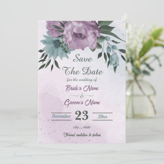 paarse blauwe bloemen botanisch save the date (Staand voorkant)