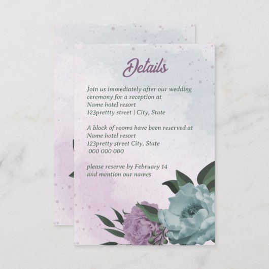 paarse blauwe bloemen botanische bruiloft informatiekaartje (Voorkant / Achterkant)