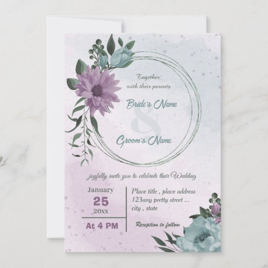 paarse blauwe bloemen botanische bruiloft kaart (Voorkant)