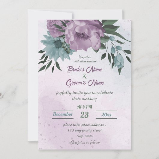 paarse blauwe bloemen botanische bruiloft kaart (Voorkant)