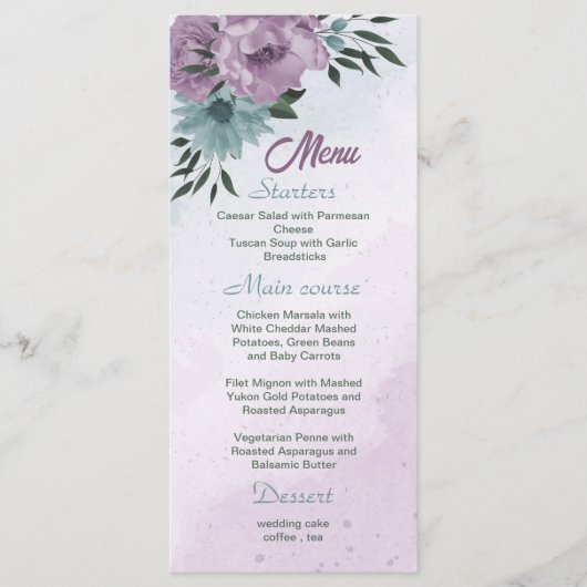 paarse blauwe bloemen botanische bruiloft menu (Voorkant)