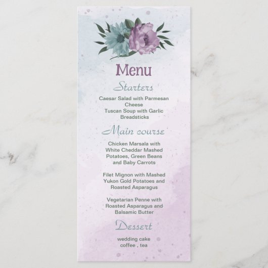 paarse blauwe bloemen botanische bruiloft menu (Voorkant)