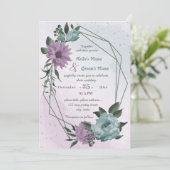 paarse blauwe bloemen geometrische bruiloft kaart (Staand voorkant)