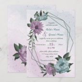 paarse blauwe bloemen geometrische bruiloft kaart (Voorkant / Achterkant)