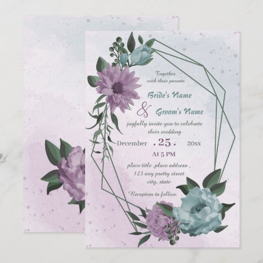 paarse blauwe bloemen geometrische bruiloft kaart (Voorkant / Achterkant)