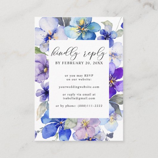 Paarse Blauwe Bloemen QR Code Bruiloft RSVP Informatiekaartje (Achterkant)