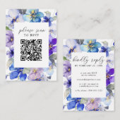 Paarse Blauwe Bloemen QR Code Bruiloft RSVP Informatiekaartje (Voorkant / Achterkant)