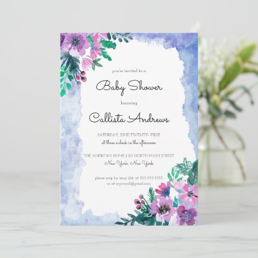 Paarse Blauwe Bloemen Waterverf Baby shower Kaart (Staand voorkant)