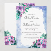 Paarse Blauwe Bloemen Waterverf Baby shower Kaart (Voorkant / Achterkant)