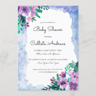 Paarse Blauwe Bloemen Waterverf Baby shower Kaart