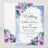 Paarse Blauwe Bloemen Waterverf bruiloft Kaart (Voorkant / Achterkant)