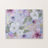 Paarse Blauwe Bloemen waterverf Goud Geaderd  Legpuzzel (Horizontaal)