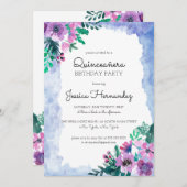Paarse Blauwe Bloemen Waterverf Quinceañera Verjaa Kaart (Voorkant / Achterkant)