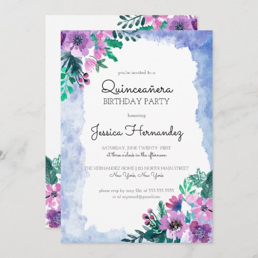 Paarse Blauwe Bloemen Waterverf Quinceañera Verjaa Kaart (Voorkant / Achterkant)