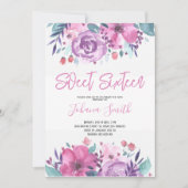 Paarse Blauwe Bloemen Zestiende Verjaardagsuitnodi Kaart (Voorkant)