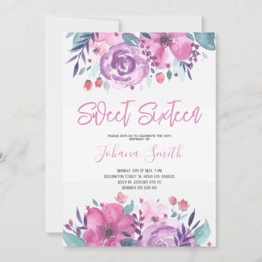 Paarse Blauwe Bloemen Zestiende Verjaardagsuitnodi Kaart (Voorkant)