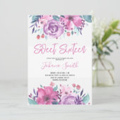 Paarse Blauwe Bloemen Zestiende Verjaardagsuitnodi Kaart (Staand voorkant)