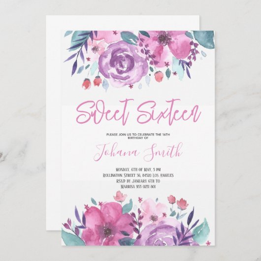Paarse Blauwe Bloemen Zestiende Verjaardagsuitnodi Kaart (Voorkant / Achterkant)