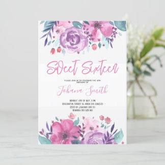 Paarse Blauwe Bloemen Zestiende Verjaardagsuitnodi Kaart