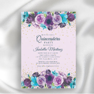Paarse Blauwe Bloemige Gouden Glitter Quinceañera Kaart