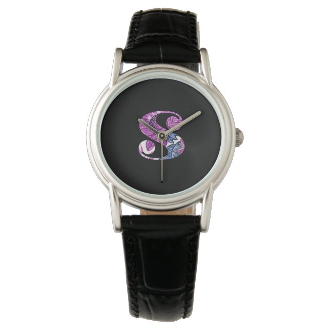 Paarse Blauwe Bloemige Monogram S Horloge (Voorkant)