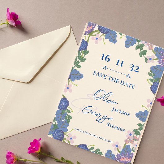 Paarse Blauwe Bloemige Trouw Save the Date