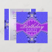 Paarse & Blauwe Damask Verjaardagsfeestje Uitnodig Kaart (Voorkant / Achterkant)