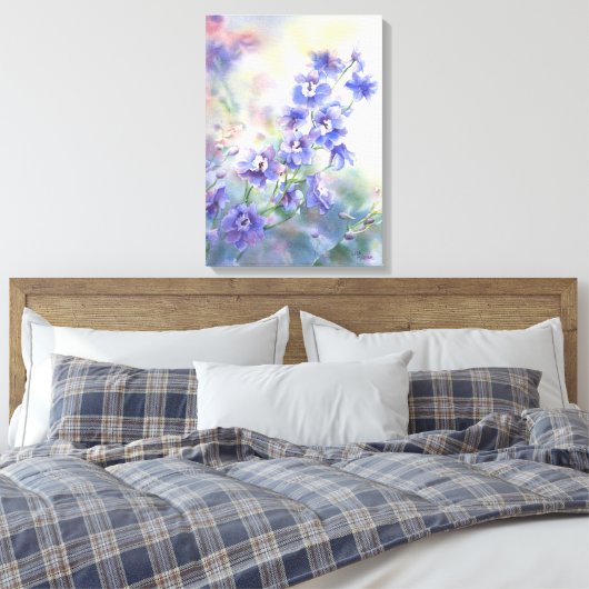 Paarse Blauwe Delphinium Bloemenprint op Canvas (Insitu (Slaapkamer))