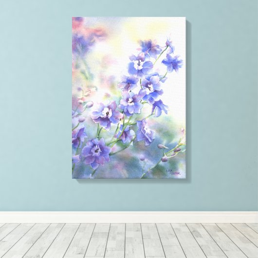 Paarse Blauwe Delphinium Bloemenprint op Canvas (Insitu (Houten vloer))