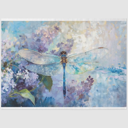 Paarse Blauwe Dragonfly Bloemen Decoupage Tissuepapier (Voorkant)