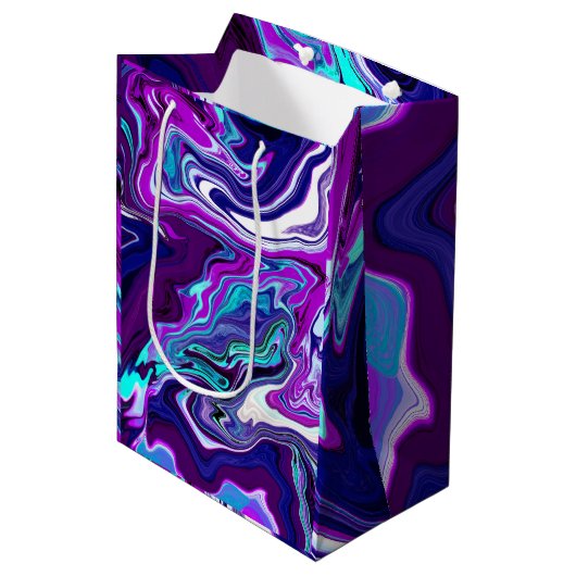 Paarse, blauwe en Blauwgroen Abstracte marmerkunst Medium Cadeauzakje (Voorkant Gekanteld)