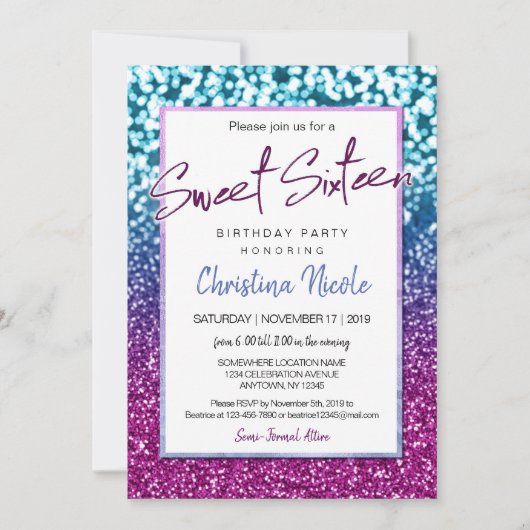 Paarse Blauwe en Bokeh Lights Glam Sweet 16 Kaart (Voorkant)