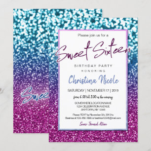 Paarse Blauwe en Bokeh Lights Glam Sweet 16 Kaart