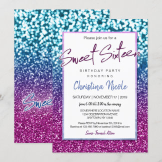 Paarse Blauwe en Bokeh Lights Glam Sweet 16 Kaart