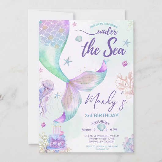 Paarse blauwe en gouden zeemeermin onder het Zee Kaart (Voorkant)