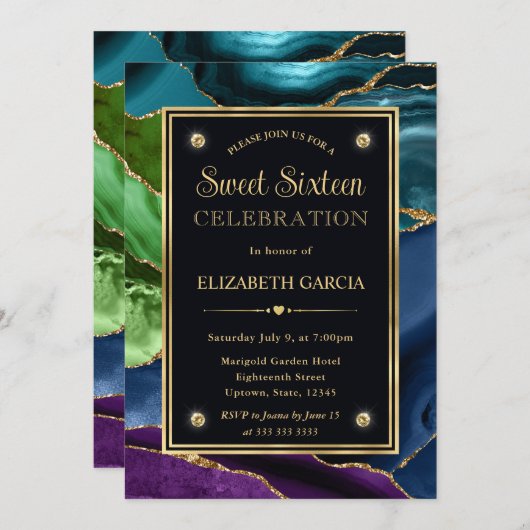 Paarse, Blauwe en Groene Glitter Agaat Sweet Sixte Kaart (Voorkant / Achterkant)