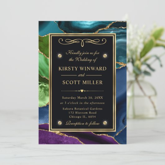 Paarse, Blauwe en Groene Glitter Agaat Wedding Kaart (Staand voorkant)