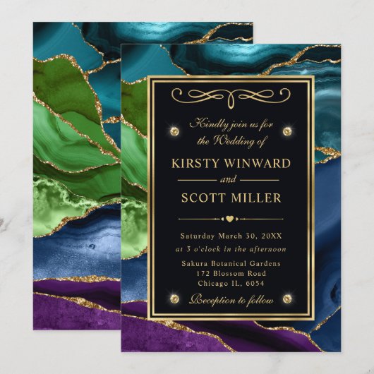 Paarse, Blauwe en Groene Glitter Agaat Wedding Kaart (Voorkant / Achterkant)