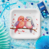 Paarse, Blauwe en Roze Lovebirds Papieren Bordje (Feest)