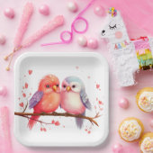 Paarse, Blauwe en Roze Lovebirds Papieren Bordje (Feest)