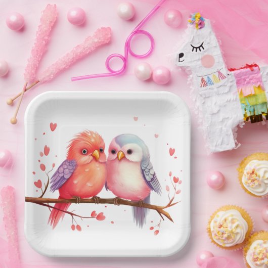 Paarse, Blauwe en Roze Lovebirds Papieren Bordje (Feest)