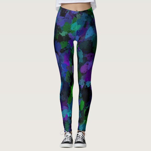 Paarse, Blauwe en Zwarte Abstract Leggings (Voorkant)