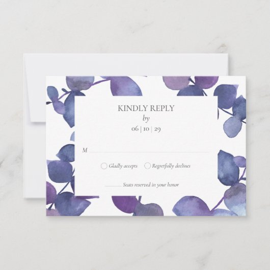 Paarse Blauwe Eucalyptus Bladeren Bloemstuk RSVP (Voorkant)